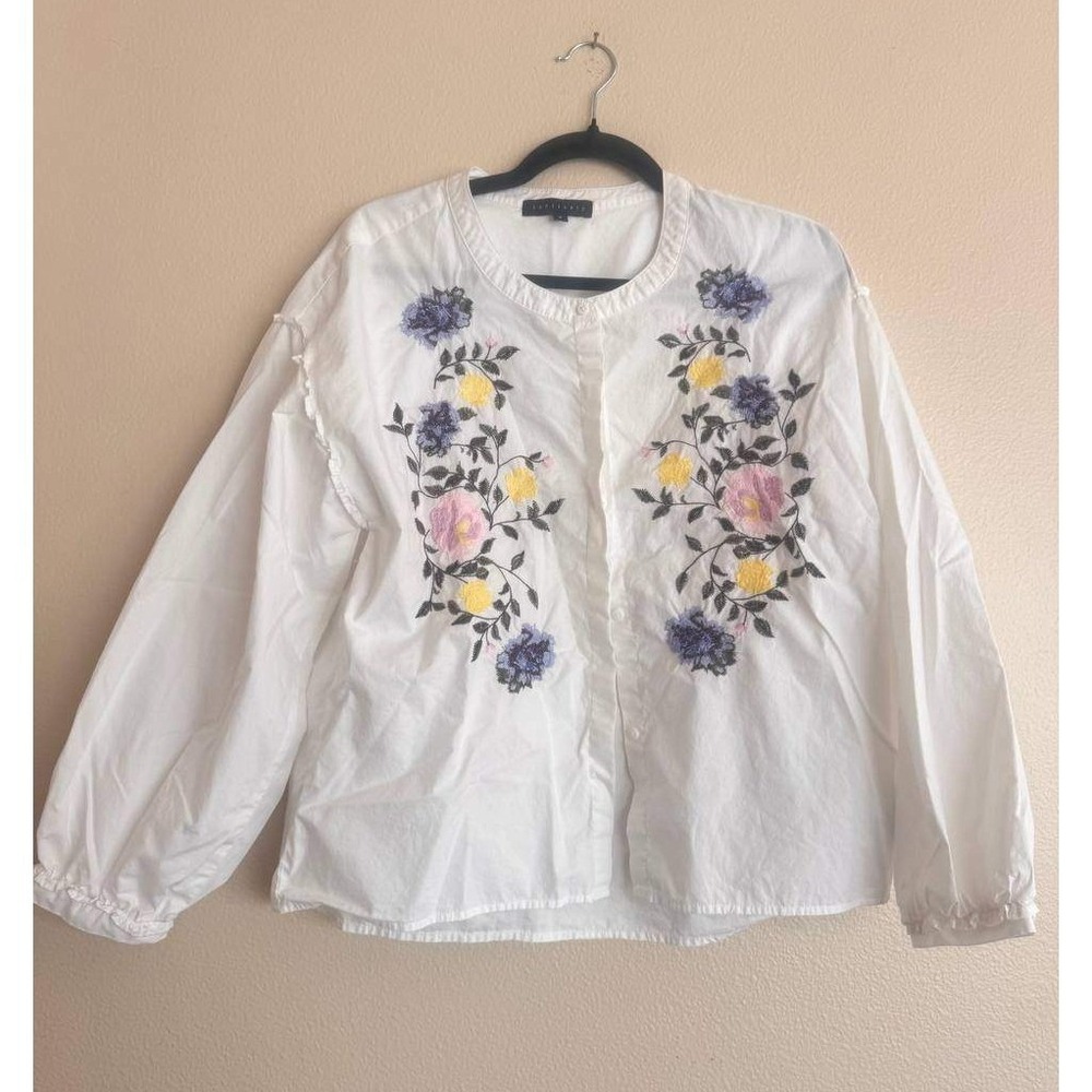 Sanctuary White Floral Embroidered Button Down Blouse S Cottagecore Boho Prairie